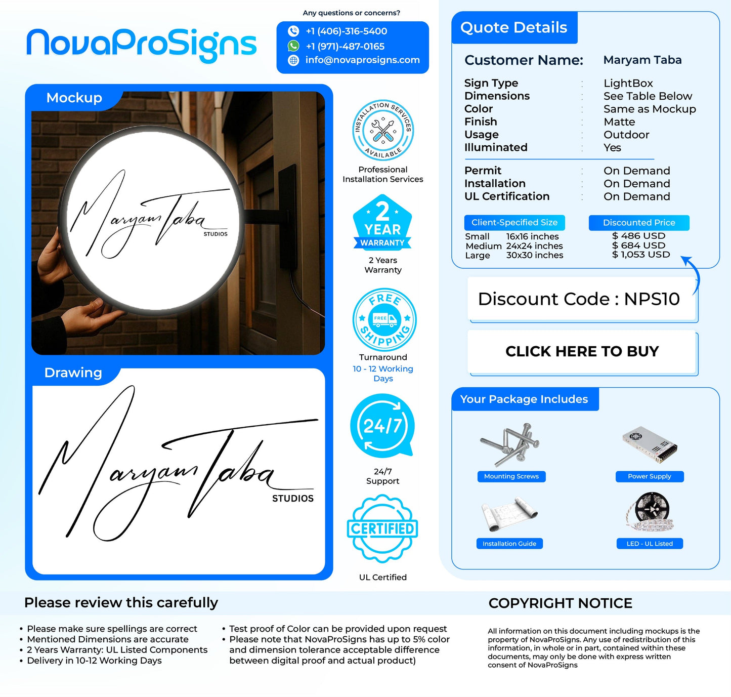 Custom Lightbox Sign for Maryam Taba - Nova Pro Signs