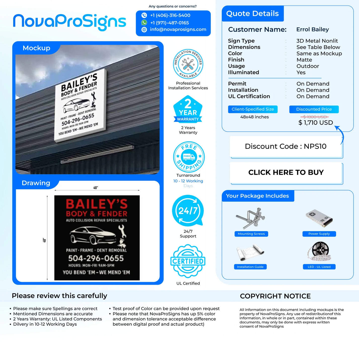 Custom Business Sign For Errol Bradley 48x48 - Nova Pro Signs