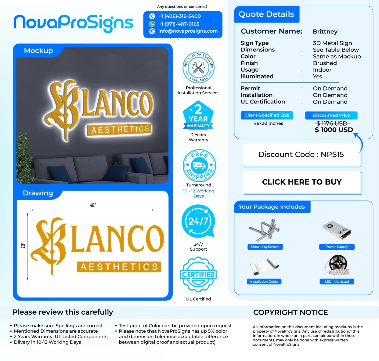 Custom Indoor 3D Metal Business Sign for Brittney Blanco - Nova Pro Signs