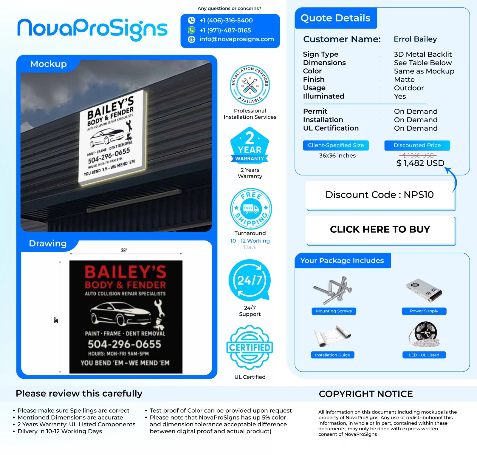 Custom Business Sign For Errol Bradley 36x36 - Nova Pro Signs