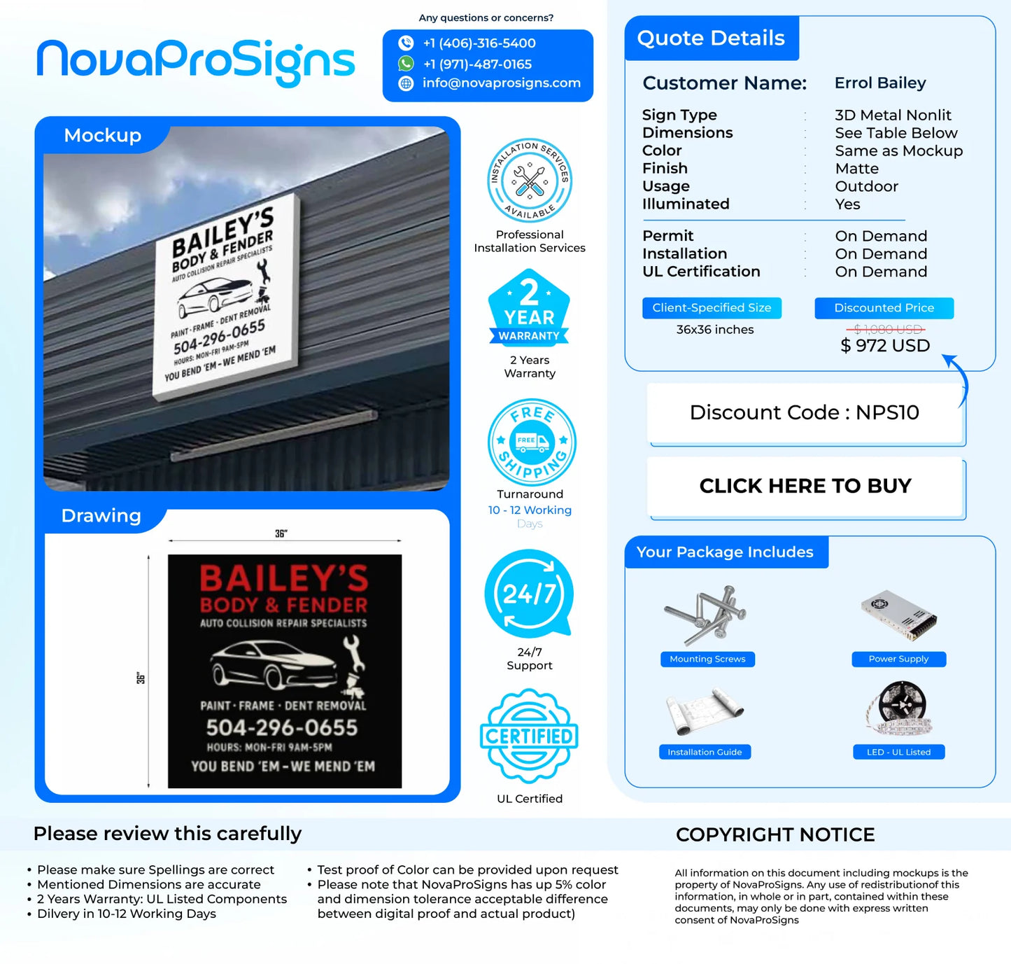 Custom Business Sign For Errol Bradley 36x36 - Nova Pro Signs