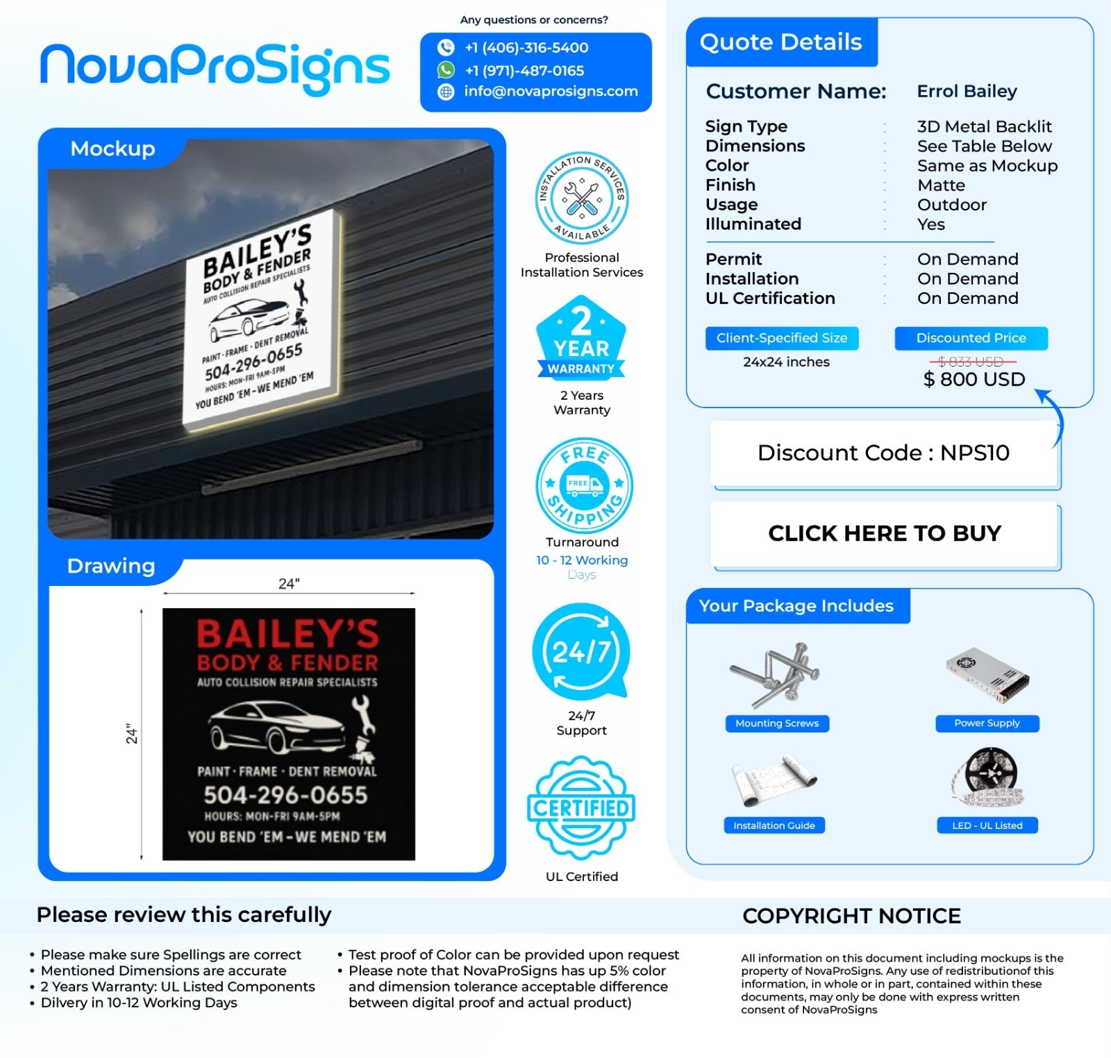Custom Business Sign For Errol Bradley - Nova Pro Signs