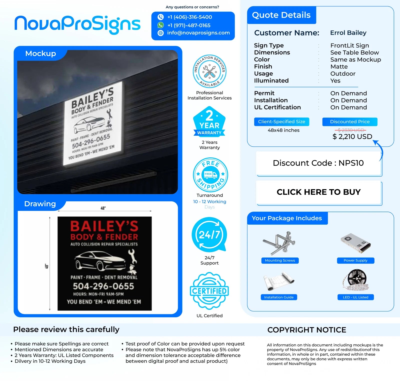 Custom Business Sign For Errol Bradley 48x48 - Nova Pro Signs