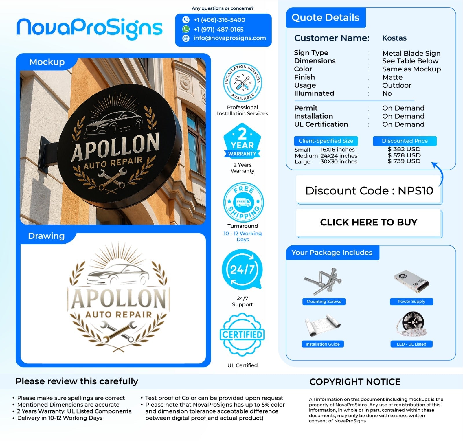 Custom Metal Blade Sign for Kostas Giannokostas - Nova Pro Signs