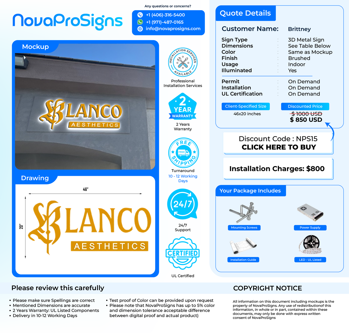 Custom 3D Metal Sign For Brittney Blanco - Nova Pro Signs