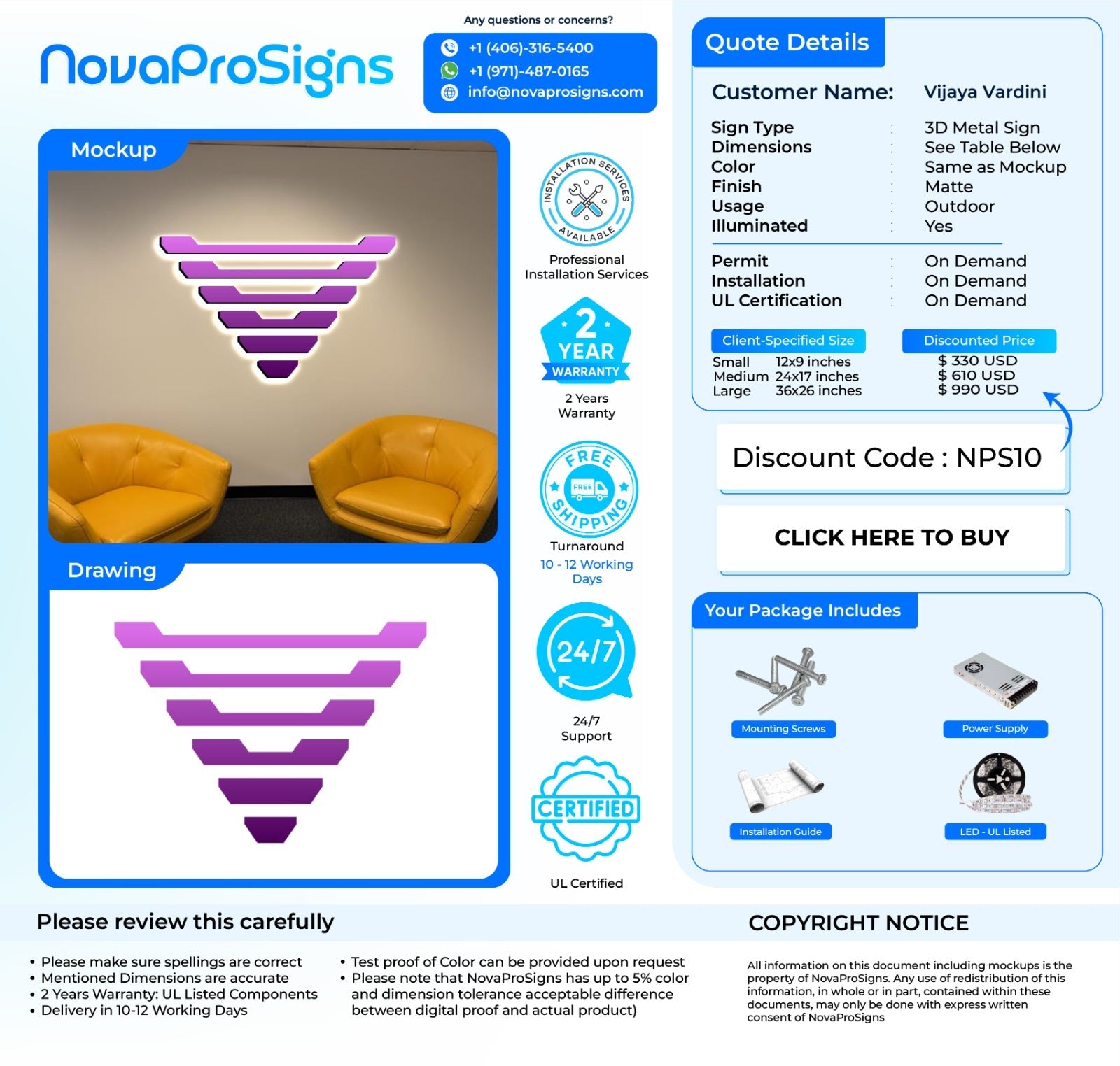 Custom 3D Metal Sign For  Vijaya Vardini - Nova Pro Signs