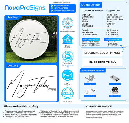 Custom Blade Sign for Maryam Taba - Nova Pro Signs