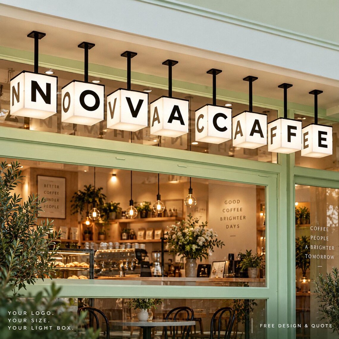 Hanging illuminated lightbox letter cubes on a cafe